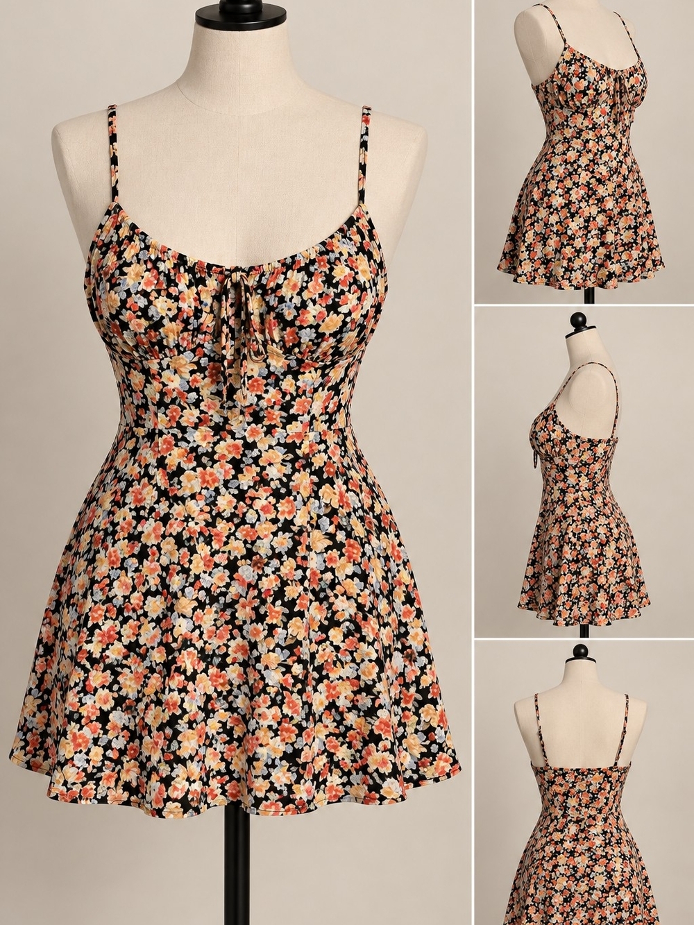 *NEVER WORN** SHEIN Black Floral Mini Dress with Orange and Cream Blossoms